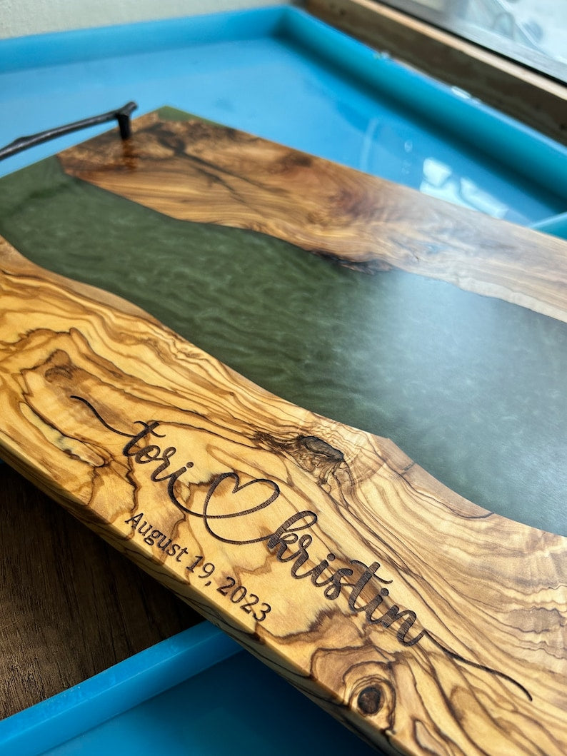 Custom Charcuterie Board , Personalized Serving Tray With Handle , Green Resin Olive Wood Cheese Board , Housewarming Gift , Christmas Gift