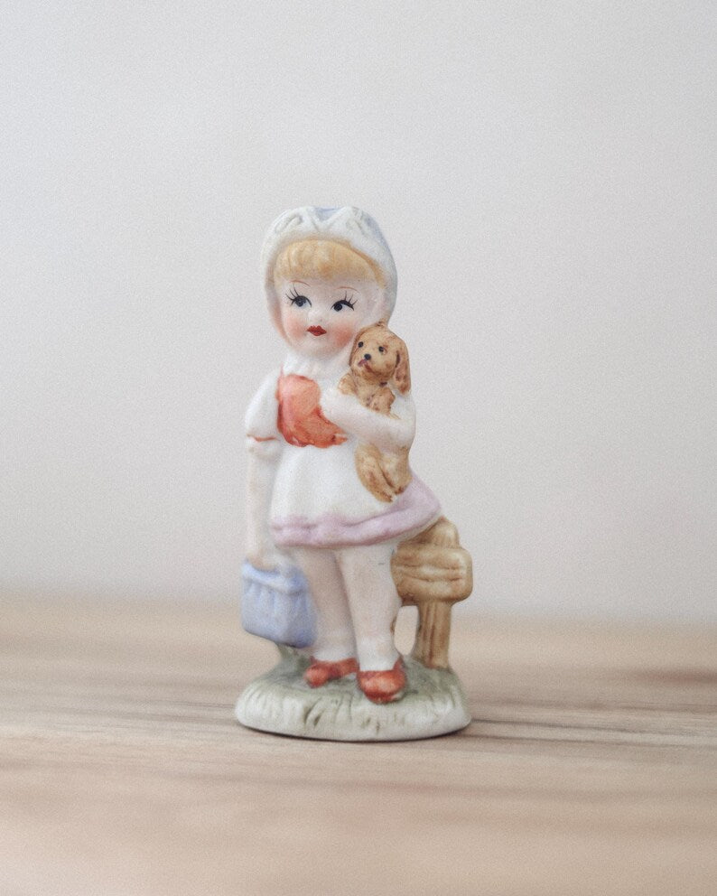 Vintage little girl figurine · porcelain girl with puppy · pastel kitsch figurine