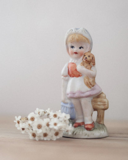 Vintage little girl figurine · porcelain girl with puppy · pastel kitsch figurine