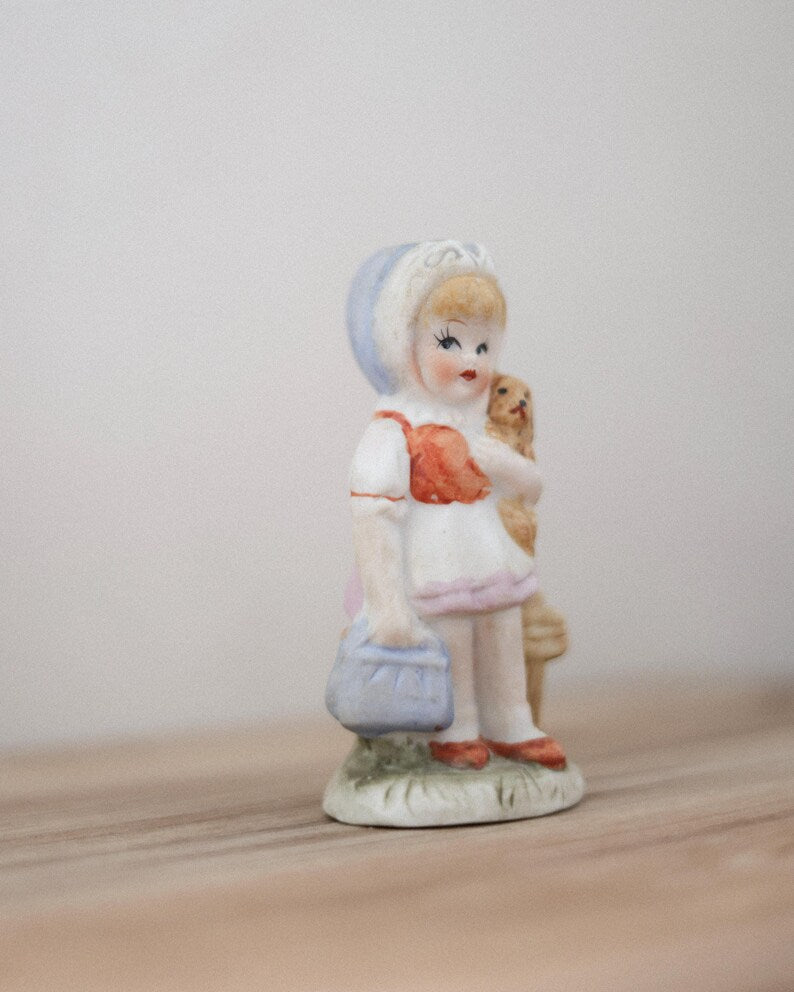 Vintage little girl figurine · porcelain girl with puppy · pastel kitsch figurine
