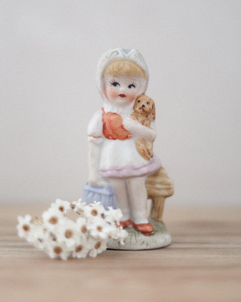 Vintage little girl figurine · porcelain girl with puppy · pastel kitsch figurine