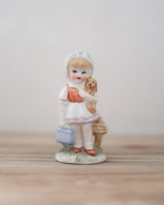Vintage little girl figurine · porcelain girl with puppy · pastel kitsch figurine