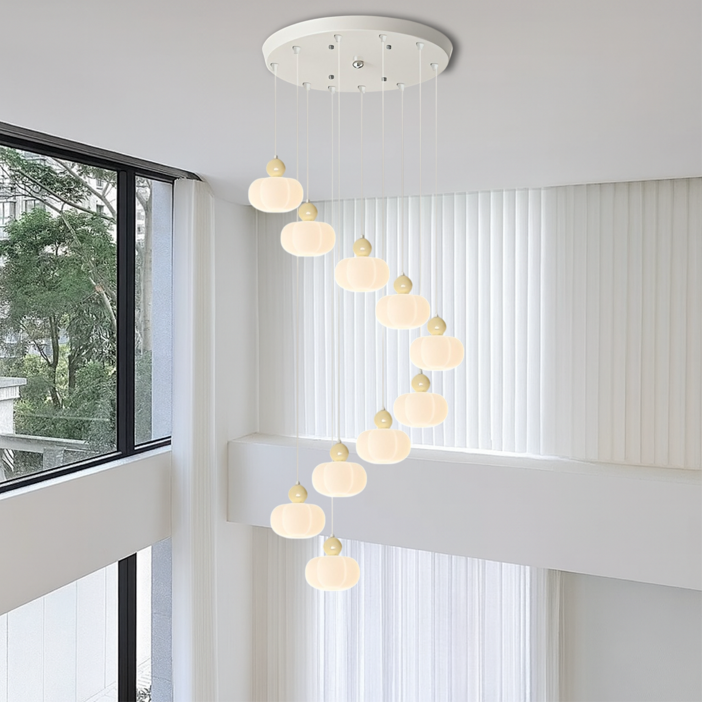 Elegant Art Deco Cream Finish Staircase Chandelier for a Touch of Vintage Glamour