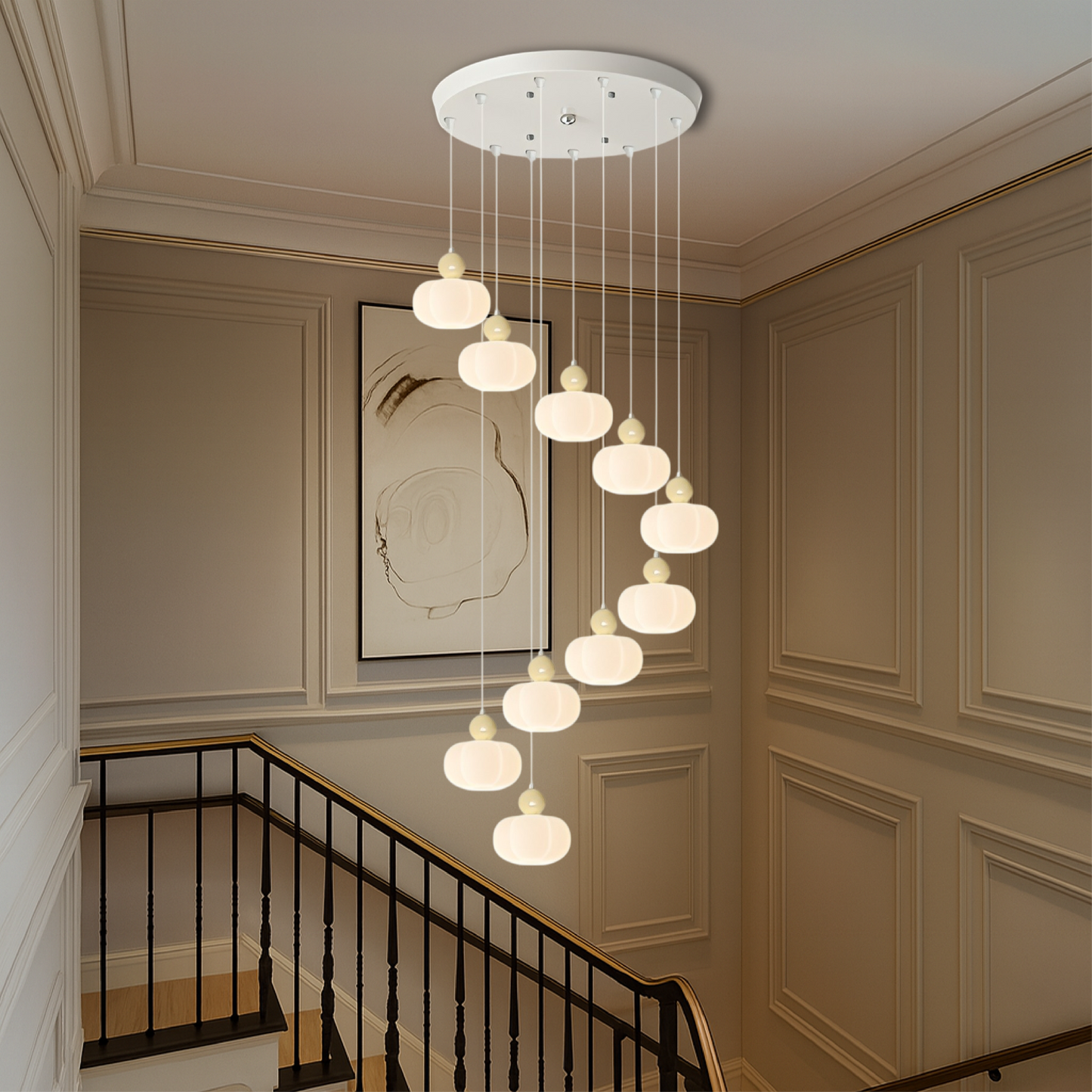 Cream Art Deco Staircase Chandelier - Elegant Vintage Lighting for Hallways