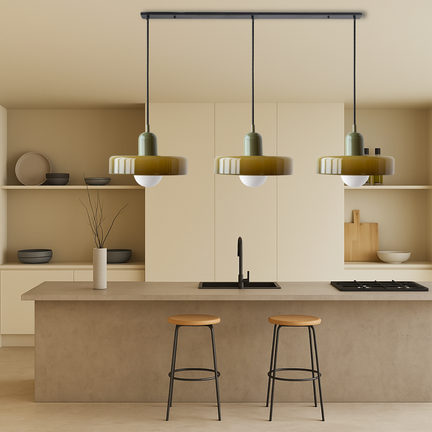 Three-Head Bauhaus Colored Glass Pendant Light — Modern Geometric Ceiling Fixture