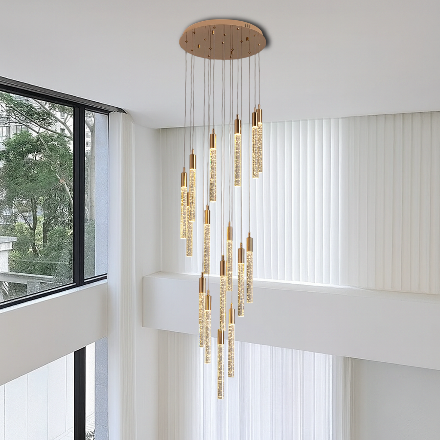 Golden Acrylic Staircase Chandelier — Elegant Modern Lighting Statement